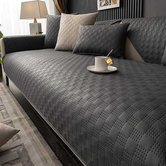Namzi Luxury Water Resistant Quilted Sofa Cover Faux Suede Plaid Sectional Couch Cover Anti-Slip Sofa Slipcover for Dogs, Children, Pets Furniture Protector (Dark Grey,36"x70")