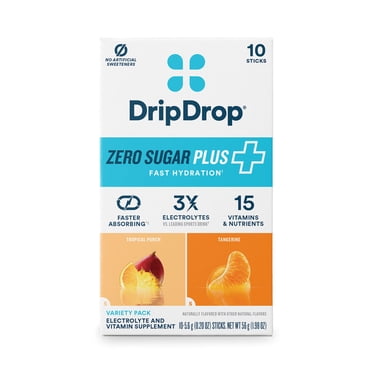 DripDrop Zero Sugar Fast Hydration - Tropical Punch and Tangerine Electrolyte Powder Drink Mix, 10 Count