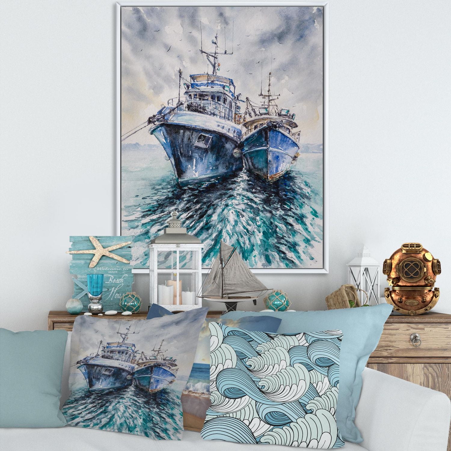 Designart Two Fishing Boats Before A Storm Anchored FLOAT FRAME WALL ART