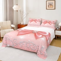 Manfei Bling Orange Bowknot Queen Sheet Sets for Kids, Diamond Floral Print Flat Sheet, Princess Bow Style Queen Fitted Sheet, Microfiber Bedroom Decor, 4 Pieces