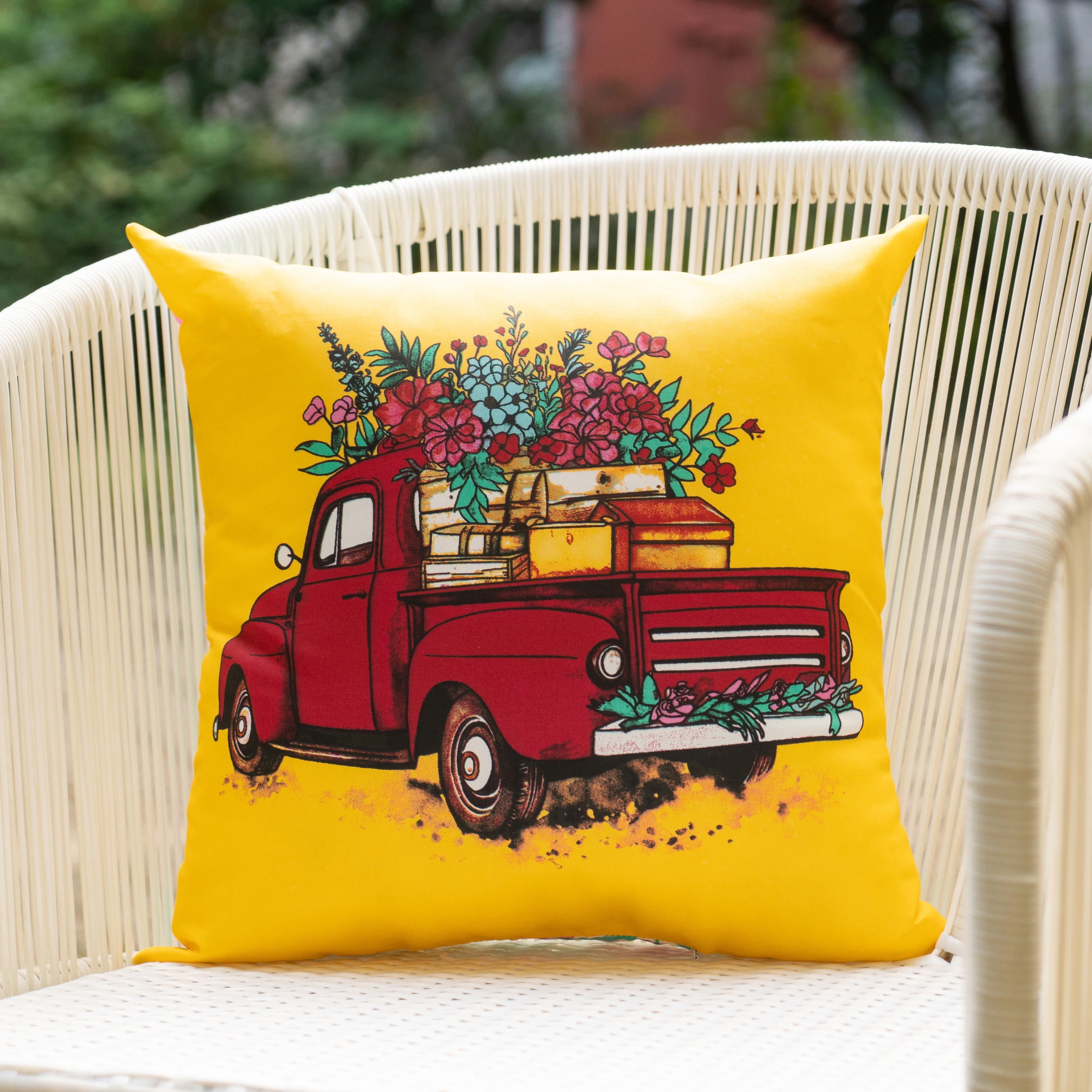 (2 pack) Mainstays Red Flower Truck Reversible Outdoor Throw Pillow 16 Inch Blue Novelty and Floral