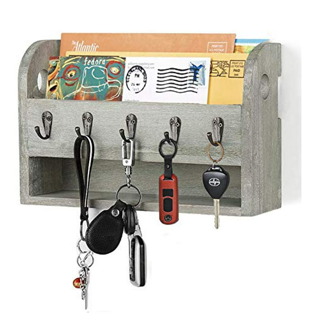 Nandae Wood Mail & Key Holder Organizer Wall Mounted with 5 Key Hooks Rack Hanger Letter Sorter