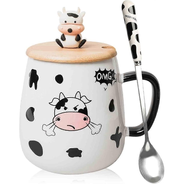 Cute Cow Coffe Mug with Cover and Spoon, Ceramic Cow Coffee mug, 420ml Kawaii Cow Mugs, 3D Animal Cow Mug Prefect Gifts For Boys(Angry Cow)