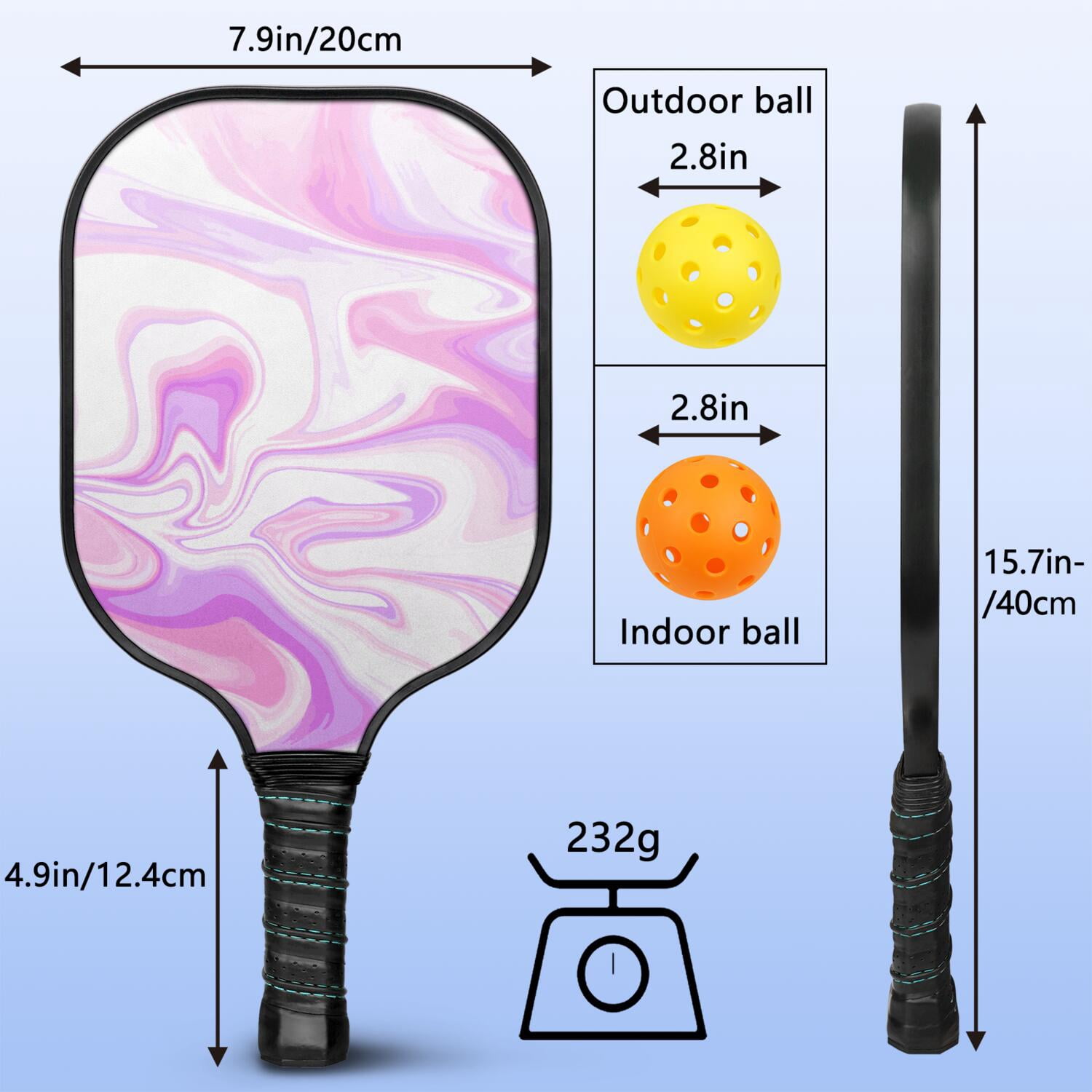 Pickleball Paddles Set Of 2, Fiberglass Surface, Liquid & Marble Print, 4 Balls & Bag