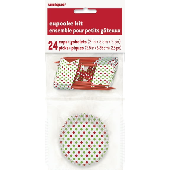 Unique Holiday Polka Dot 48pc Standard Size Cupcake Kit, White Red Green