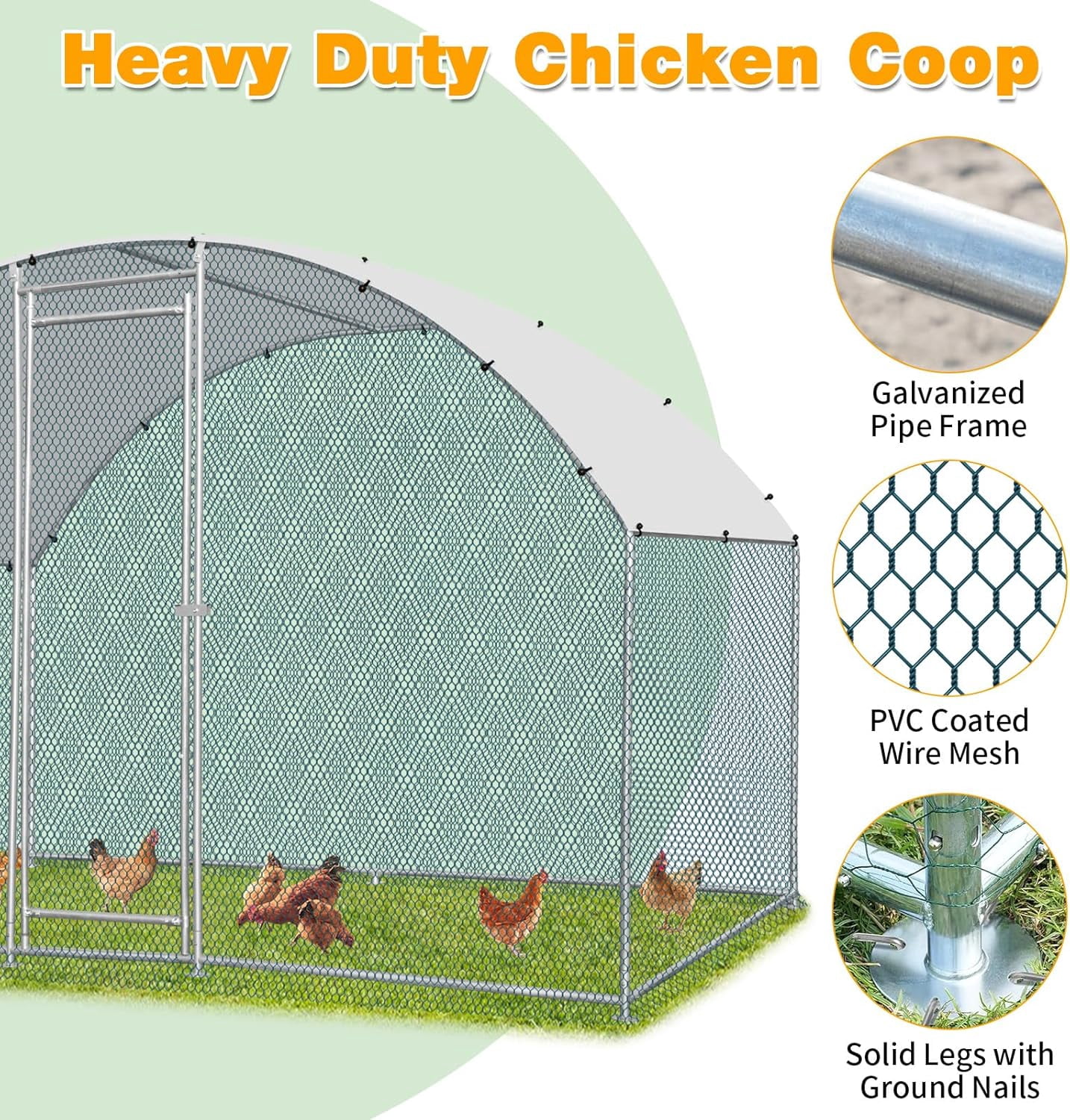 ZephyPaws Large Metal Chicken Coop Run,Walk-in Poultry Cage Heavy Duty Chicken Runs with Waterproof Cover, Ducks Rabbits Habitat Spire Shaped Outdoor Farm Use (10'Lx6.5'W x6.5'H),Silver