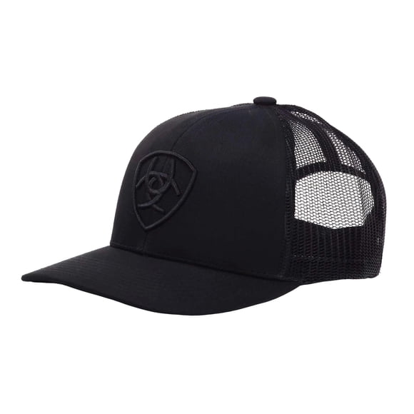 ARIAT Gorra con logotipo de escudo monocromo para hombre, color negro, con cierre ajustable en la parte trasera de malla