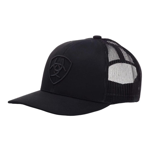 ARIAT Gorra con logotipo de escudo monocromo para hombre, color negro, con cierre ajustable en la parte trasera de malla