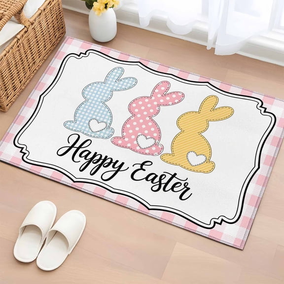 Entryway Rug 2'x3', Happy Easter Small Rug for Kitchen Bathroom Door Mat Indoor Entrance, Cute Lovely Colorful Rabbits Silhouette Pink Checkered Non-Slip Area Rugs Floor Mats Carpet Front Door Rugs