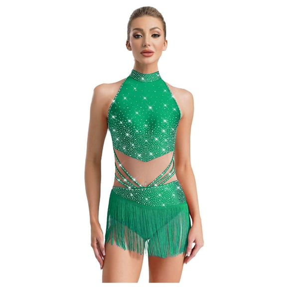 inlzdz Women Rhinestones Tassels Mock Neck Sleeveless Fringe Bodysuit Latin Tango Salsa Jazz Dress Green XXL
