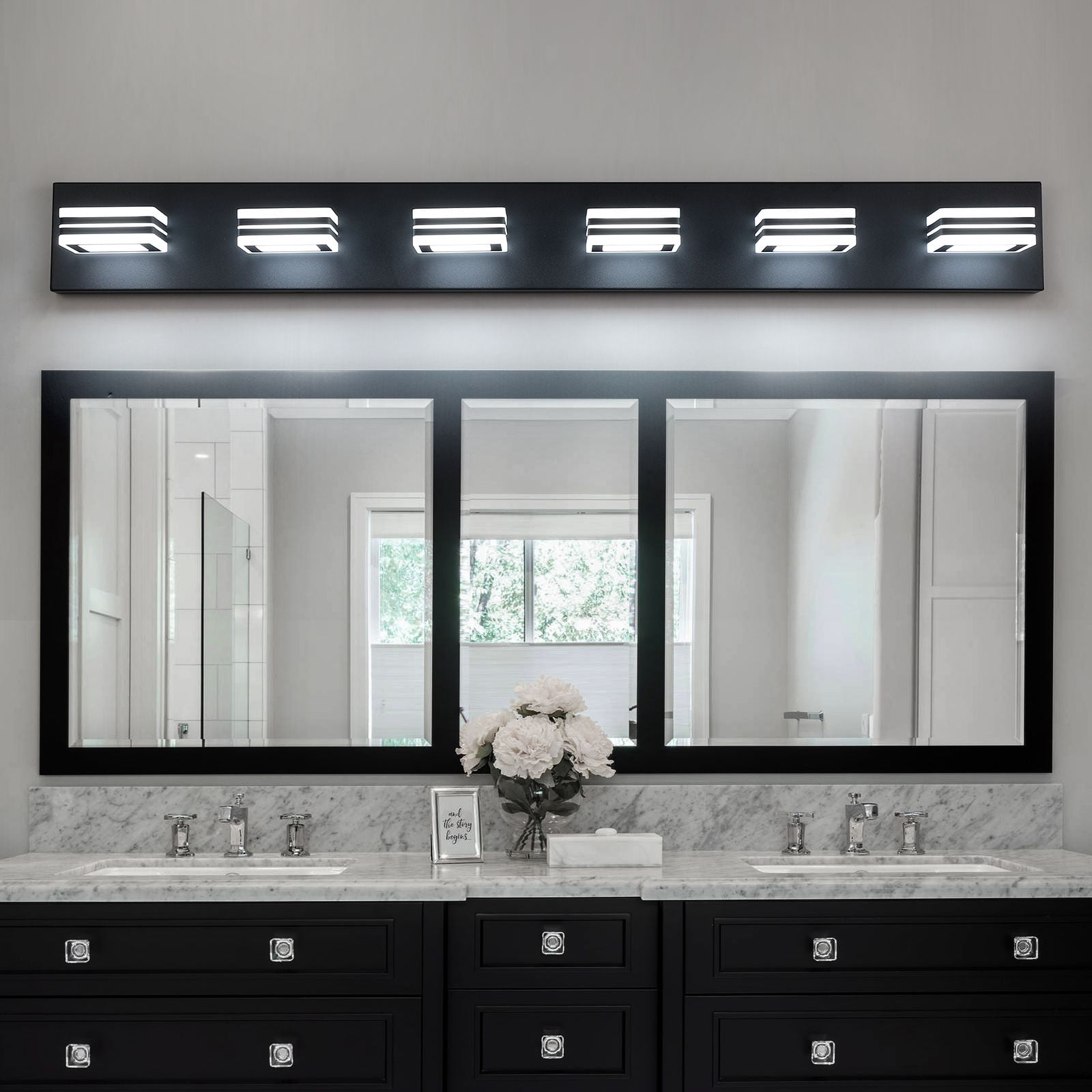 39 Inch Modern Black 6-Light LED Vanity Light Fixture, Square Acrylic Shade Wall Mount Bathroom Mirror Lighting, Hardwired