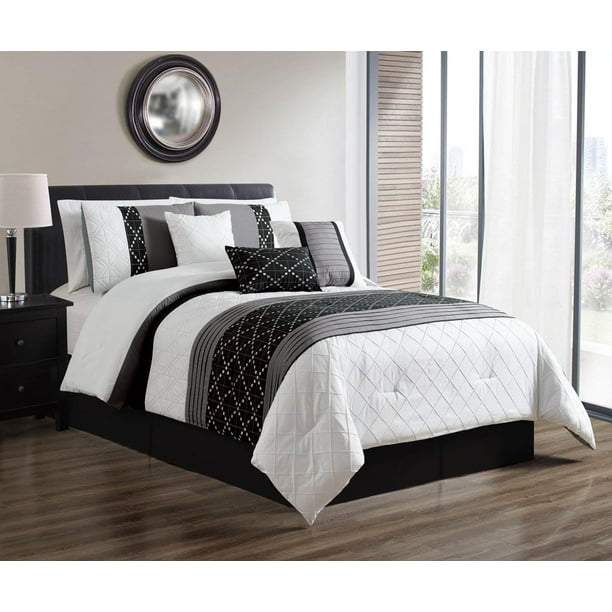 7 Piece Luxury Microfiber Bedding Sets, Black And White Queen Size Bedding Sets