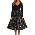 thumbnail image 4 of Halloween Dresses for Women Pumpkin Witch Hat Long Sleeve Cocktail 1950s Funny Tea Length Dress V Neck Hepburn Classic Retro Dress with Belt S, 4 of 5