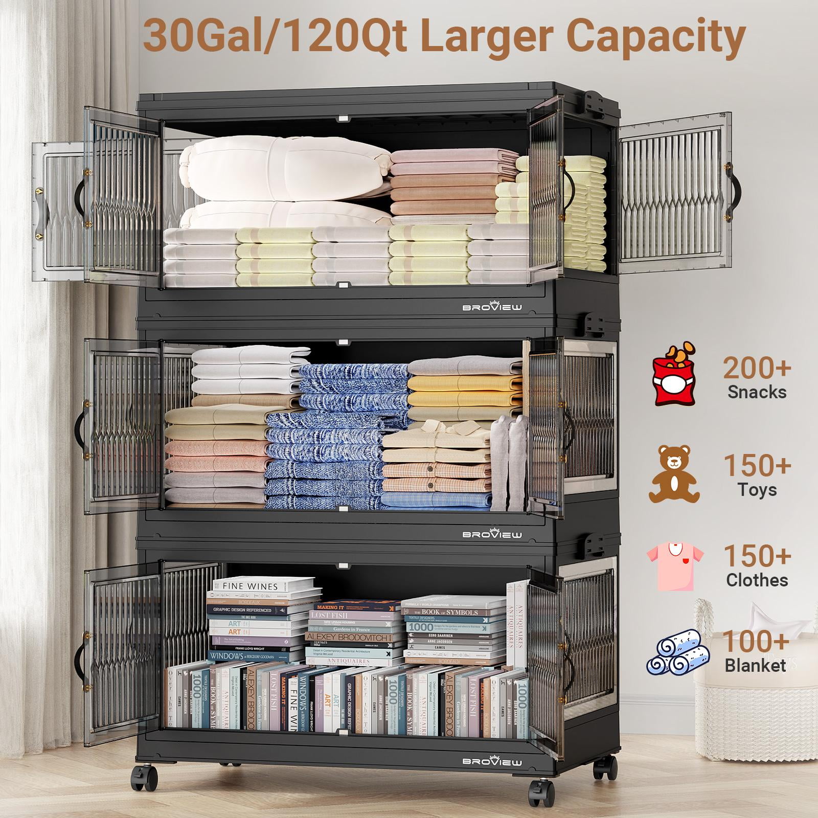 BROVIEW 480QT Large Stackable Storage Bins with Lids and Wheels, Plastic Closet Organizer and Storage Drawer, Collapsible Storage Cabinet with Doors for Home Kitchen, 4Pack Black