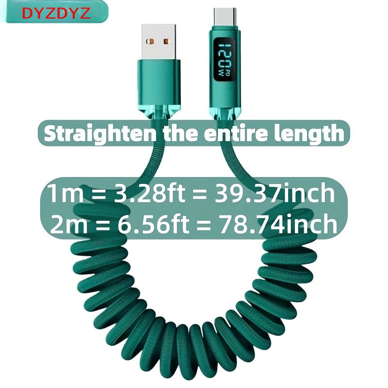 2pcs USB A to Type-C Super Fast Charging Data Cable | 3.3/6.6 Feet, Nylon Braided, Retractable, Compatible with Apple, Huawei, Samsung, Oppo, 50W Power Output, Tangle-free