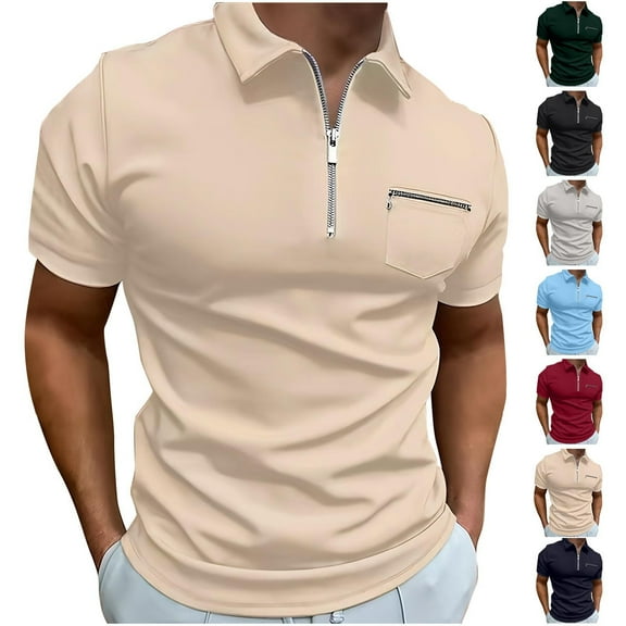 Antinious Man Solid Half Zipper Outdoors Pocket Short Sleeve Turndown Collar Blouse,Yellow,XXXL