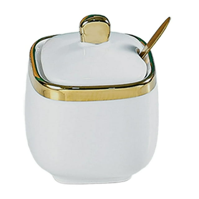 HLONK Ceramic Sugar Bowl Container with Lid and Spoon Spice Seasoning Box Ceramic Condiment Pot Condiment Jar for Counter White