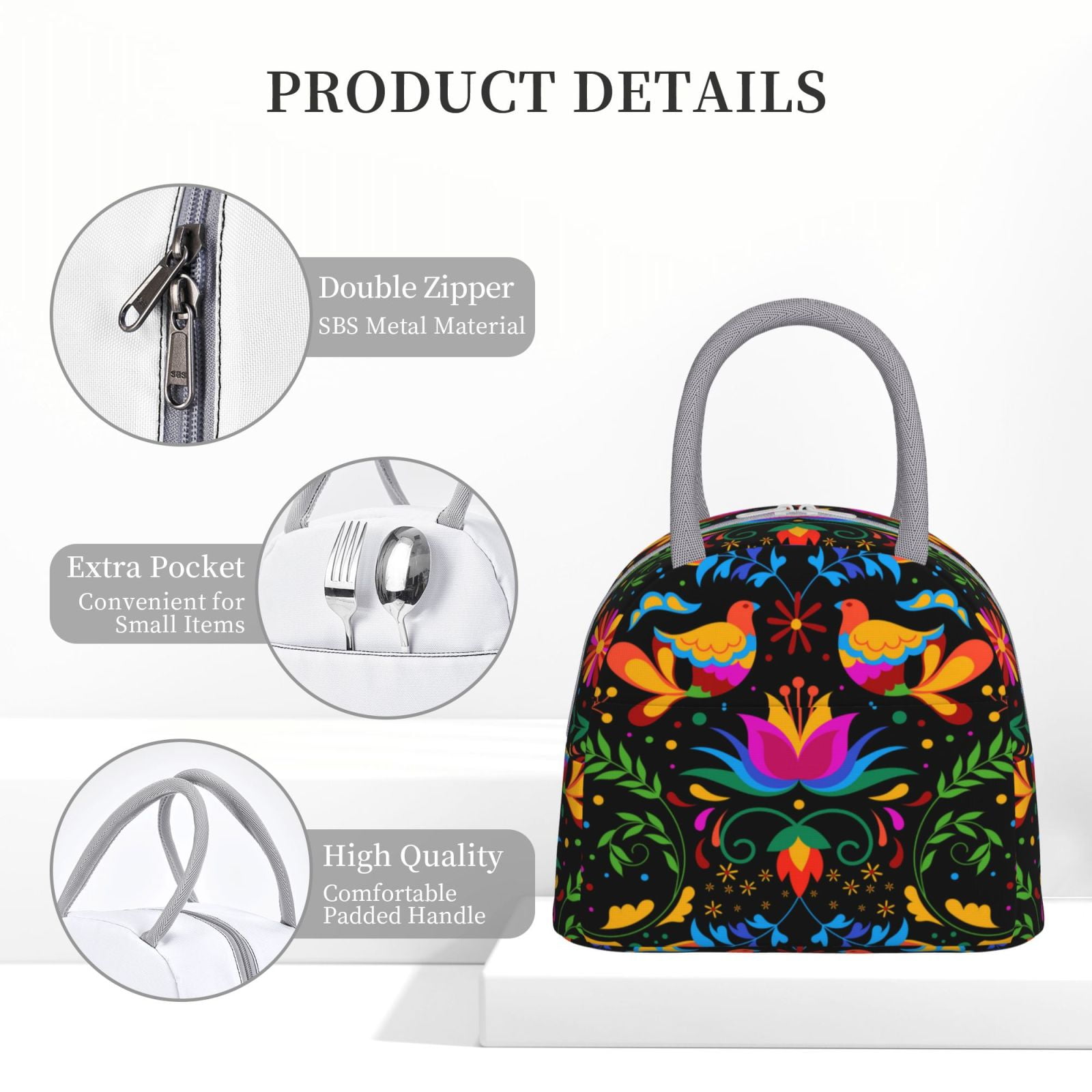 Horeoi Mexican Flower Traditional1 Pattern Large Insulated Lunch Bag for Work, School, Picnic - Waterproof, Durable Oxford Cloth, Comfortable Handle-Light Grey