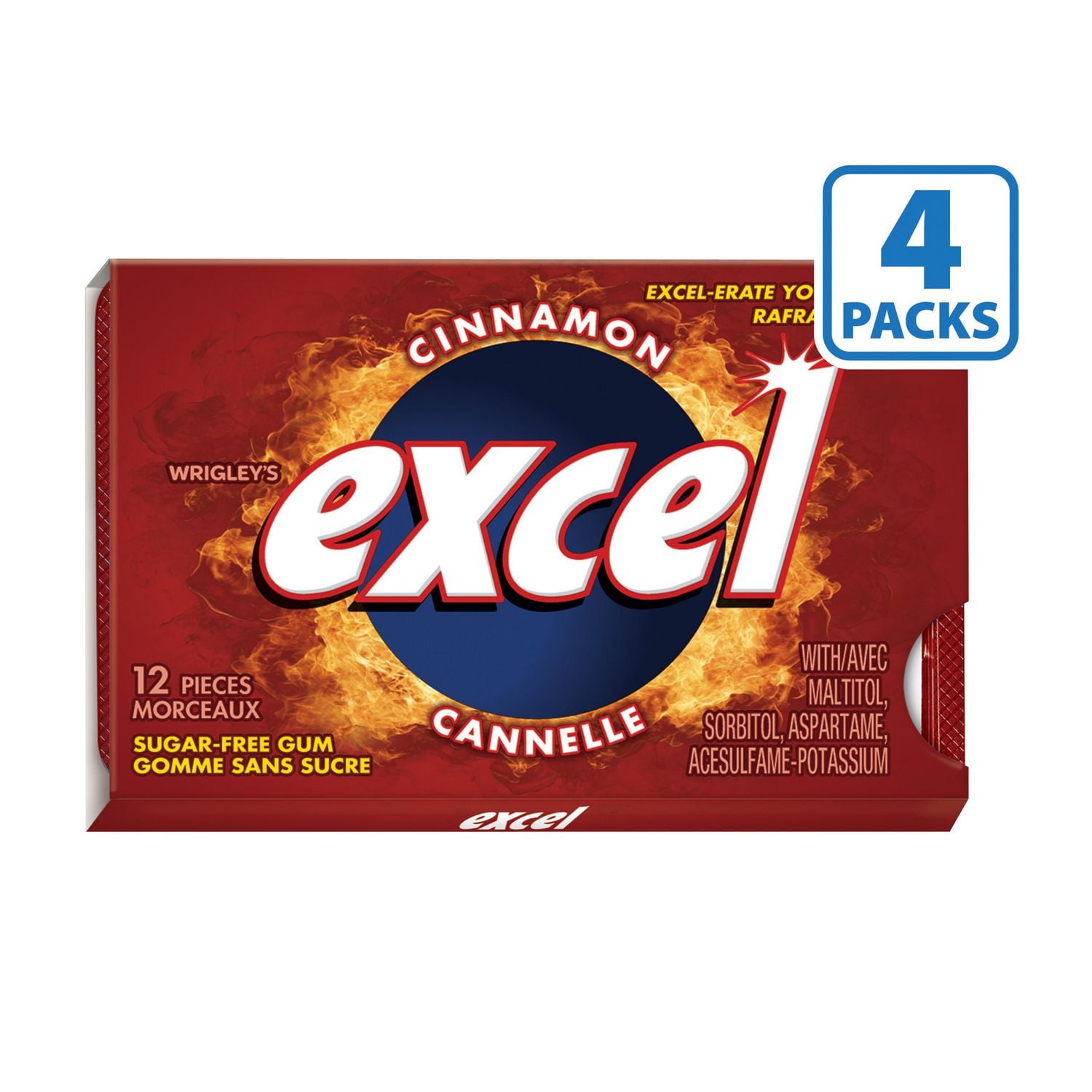 Excel Cinnamon Chewing Gum, Sugar-Free, 12 Pellets, Pack of 4