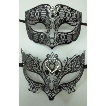 Man Woman Couples Laser Cut Venetian Masquerade Metal Masks Set Crystal Heart