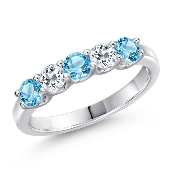 Gem Stone King 925 Sterling Silver Swiss Blue Topaz and White Topaz Wedding-Bands Ring for Women | 1.03 Cttw | Round 3.5MM | Gemstone November Birthstone | Size 7
