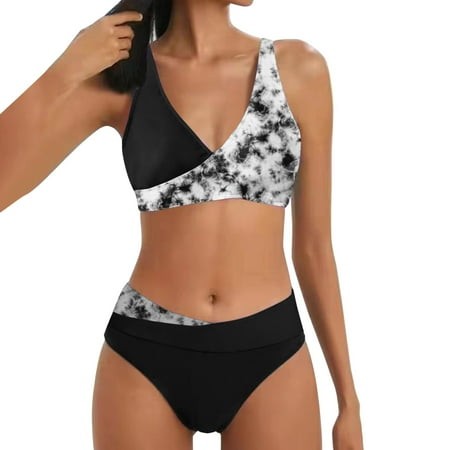 PEASKJP Women Swimsuit Bikini Set 2 Piece Plus Size Full Coverage High Waist Seamless Floral Tops And Swim Bottom Black S