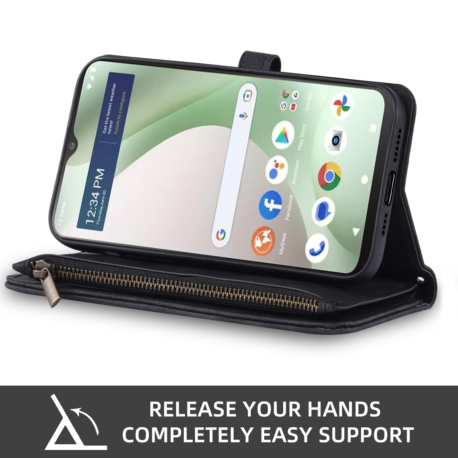 Asuwish Phone Case for Tracfone BLU View 5 B160V Wallet Cover With Tempered Glass Screen Protector Crossbody Wrist Strap Flip Pattern Zipper Card Holder Cell Trac Fone BLUE View5 160V 2024 Men Black