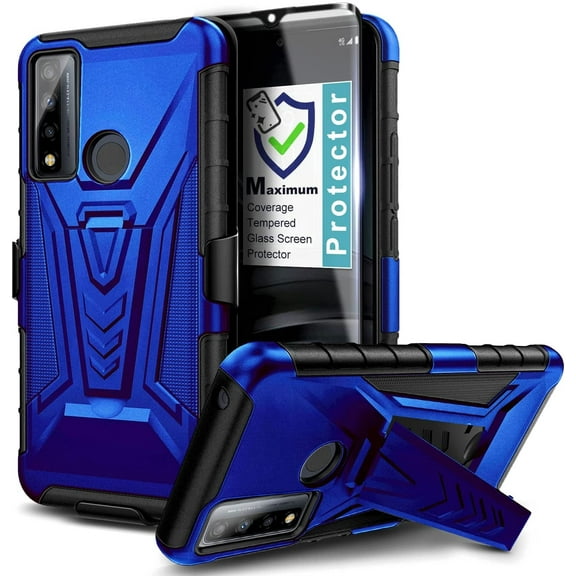 Nagebee Phone Case Compatible for TCL 4X 5G (T601DL) / TCL 20 A 5G with Tempered Glass Screen Protector, Belt Clip Holster with Built-in Kickstand, Heavy Duty Shockproof Armor Rugged Case (Blue)