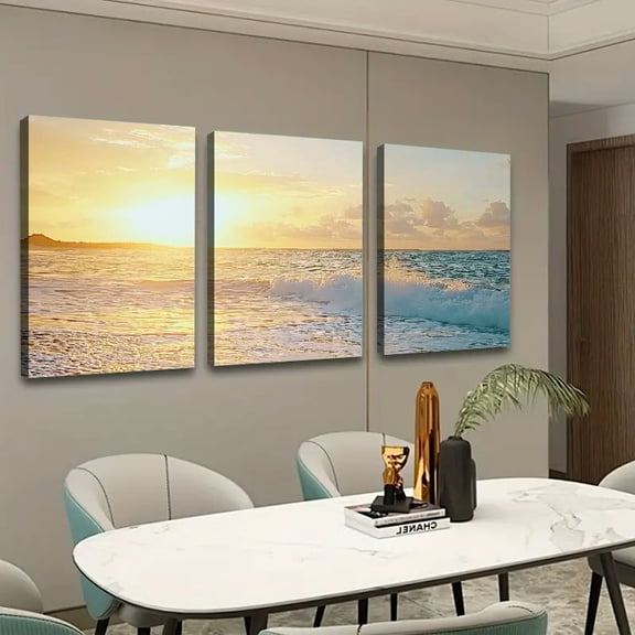 Shadudu Ocean Beach Sunset Canvas Wall Art for Bedroom Seascape Paintings Coastal Picture Framed Artwork for Bathroom Living Room Office Wall Decor 16x24x3pcs
