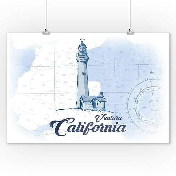Ventura, California - Lighthouse - Blue - Coastal Icon - Lantern Press Artwork (9x12 Art Print, Wall Decor Travel Poster)