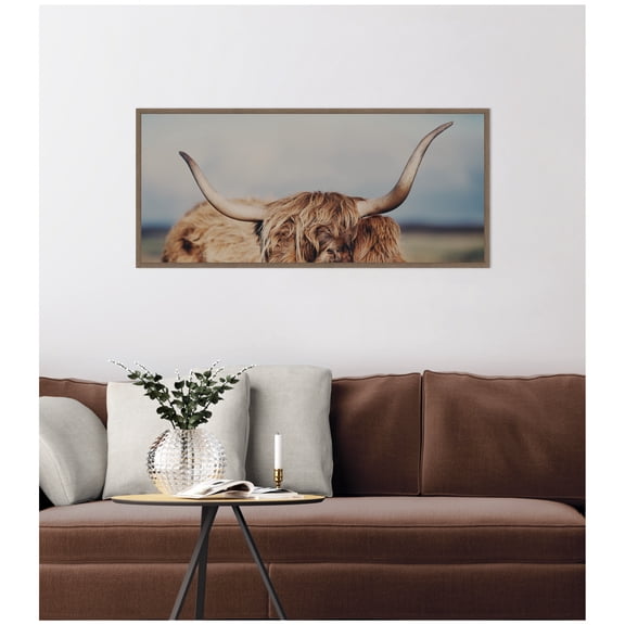 Kate and Laurel Framed Canvas Wall Art Print Highland Cow IX Close Panel by Laura Evans, 40 x 18 Sylvie Walnut Frame, Rustic Farmhouse, Animal Art for Wall Decor