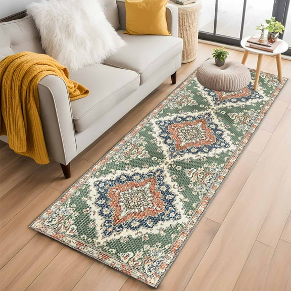 Orange Green Boho Kitchen Runner Rug 2x6 Washable Runners for Hallway Non Slip Medieval Vintage Ethnic Floral Abstract Large Area Rug Indoor Floor Carpet for Bathroom Laundry Entryway Bedroom