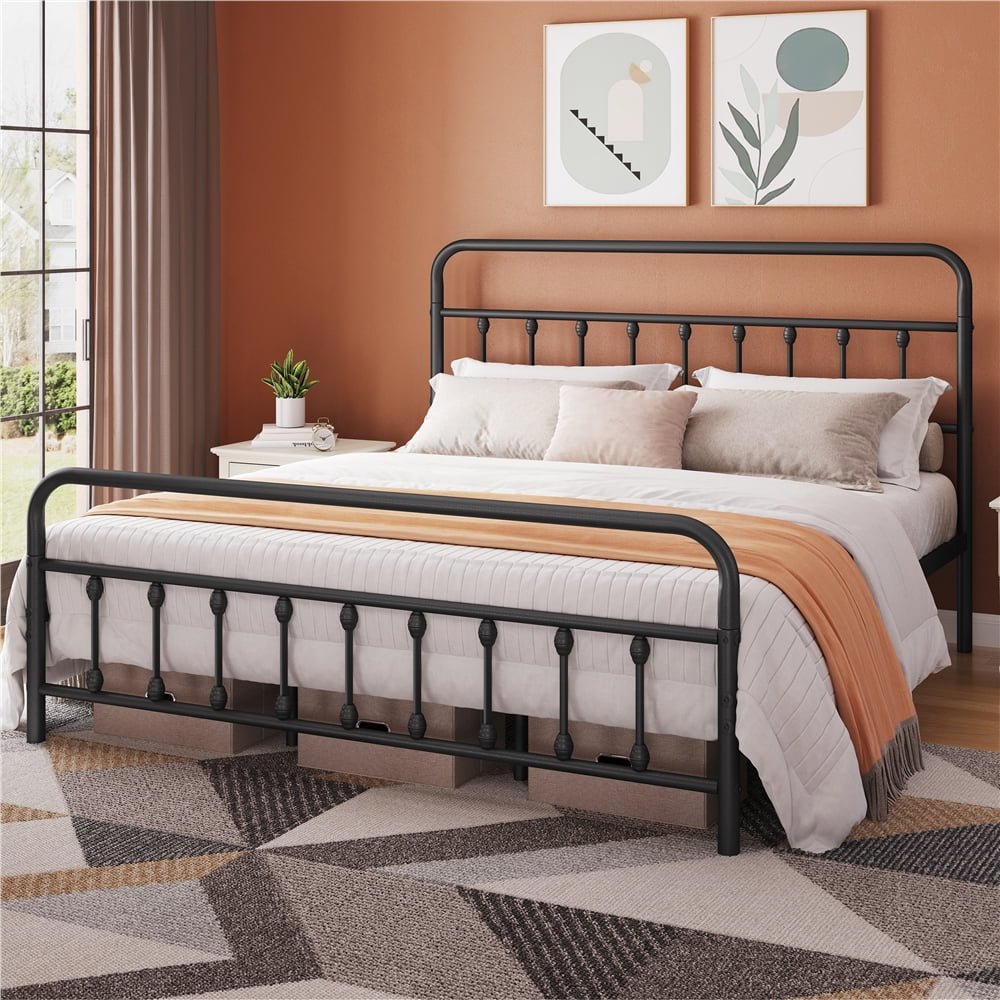 Alden Design King Size Classic Iron Platform Bed with High Headboard and Footboard, Black