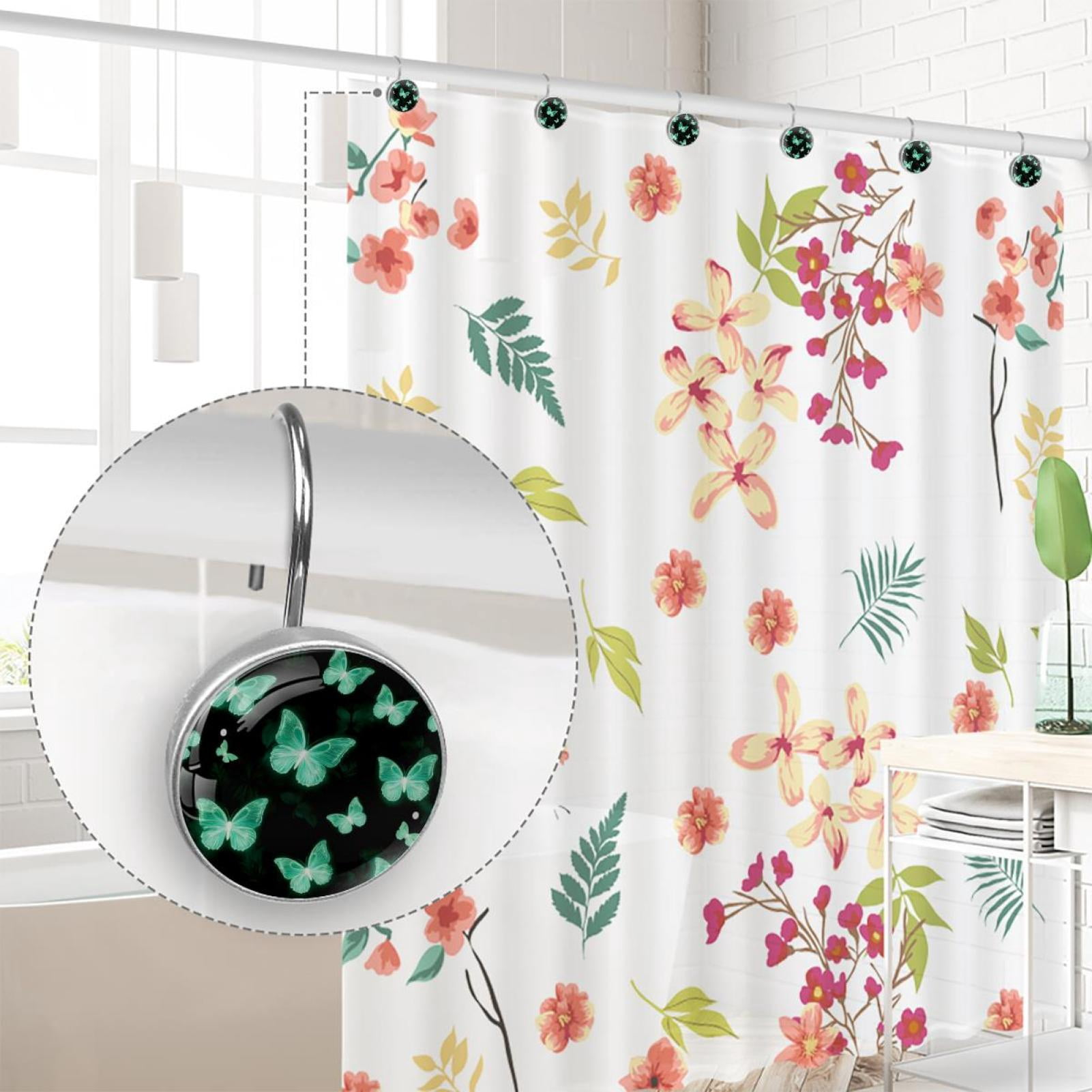 12pcs Decorative Shower Curtain Hooks, Rust Resistant Shower Rings for Bathroom Living Room,Rustproof Stainless Steel Rings for Shower Curtain and Liner Rods,Neon Green Leaves Butterflies