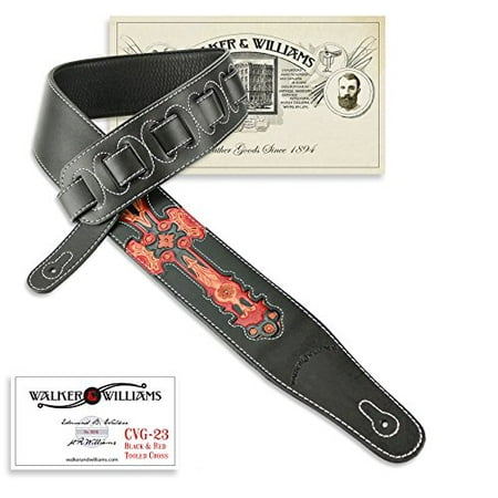 Hand Tooled Black Leather - Walker & Williams CVG-23 Black & Red Leather Christian Guitar Strap Hand Tooled Cross Design