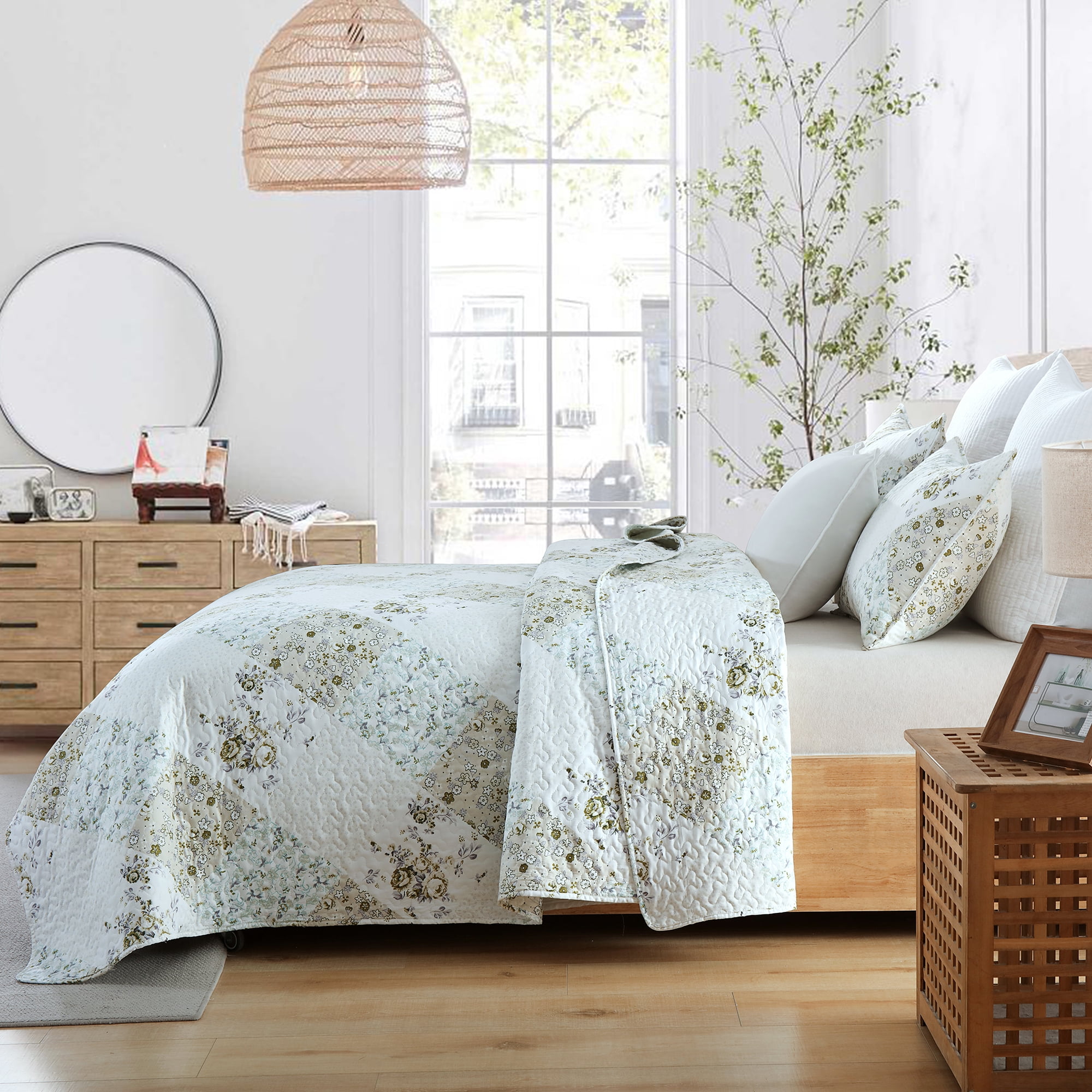 3-Piece King Size Quilt Set, Greagle Lightweight Patchwork King Spring Summer Quilt Bedspreads Full Size Bedding Set with Pillow Shams, 104x90 inch Beige Floral Plaid Print