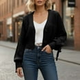 thumbnail image 2 of Wang6 Womens Chunky Cropped Cardigan Sweaters White Fall Open Front Button Knit Sweater Long Sleeve Knitted Tops Causal V Neck Loose Lantern Sleeves Outwear Black One Size, 2 of 4