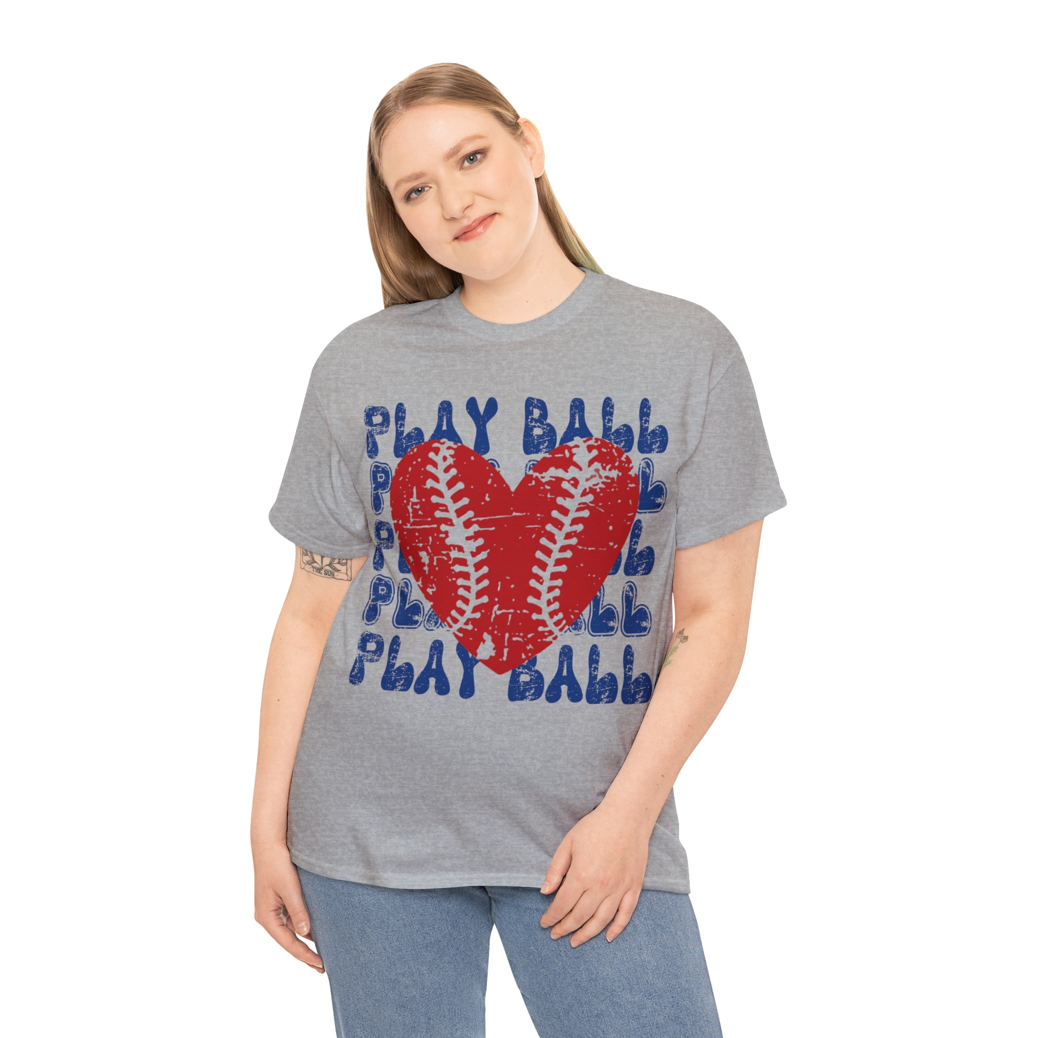 Vintage Play Ball Retro Heart Baseball T-Shirt Women's Unisex Graphic Tee Sport Grey Large