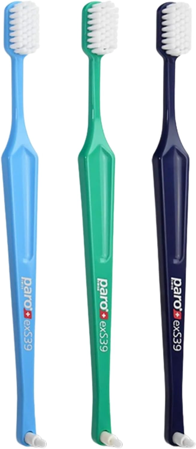 Paro exS39 Extra Sensitive Toothbrush with Interspace Brush F | Dual Features | Ultra Soft Bristles | Unisex | (3 Pack Multi-Color)