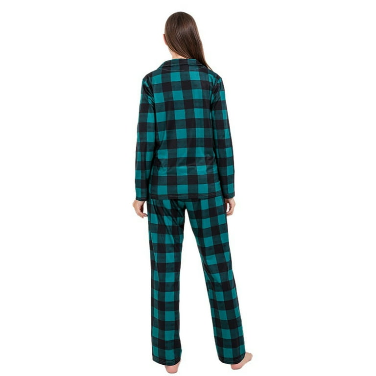 Matching Family Pajamas Sets Christmas Pjs Green Buffalo Plaid Printed Long Sleeve Shirt and Bottom Loungewear