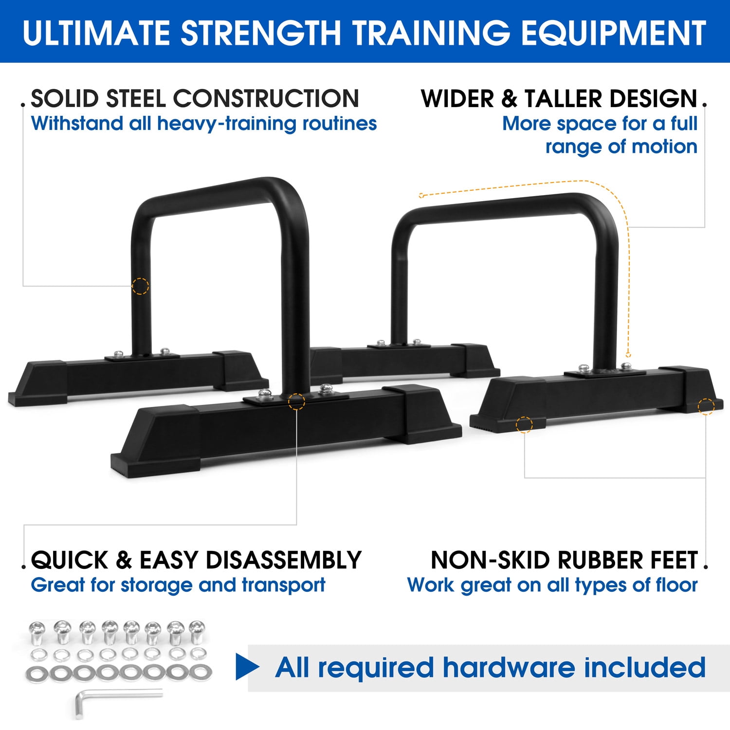 Yes4All Solid Steel Parallette Bars with Non-Slip Rubber Feet, 1.25" Handle