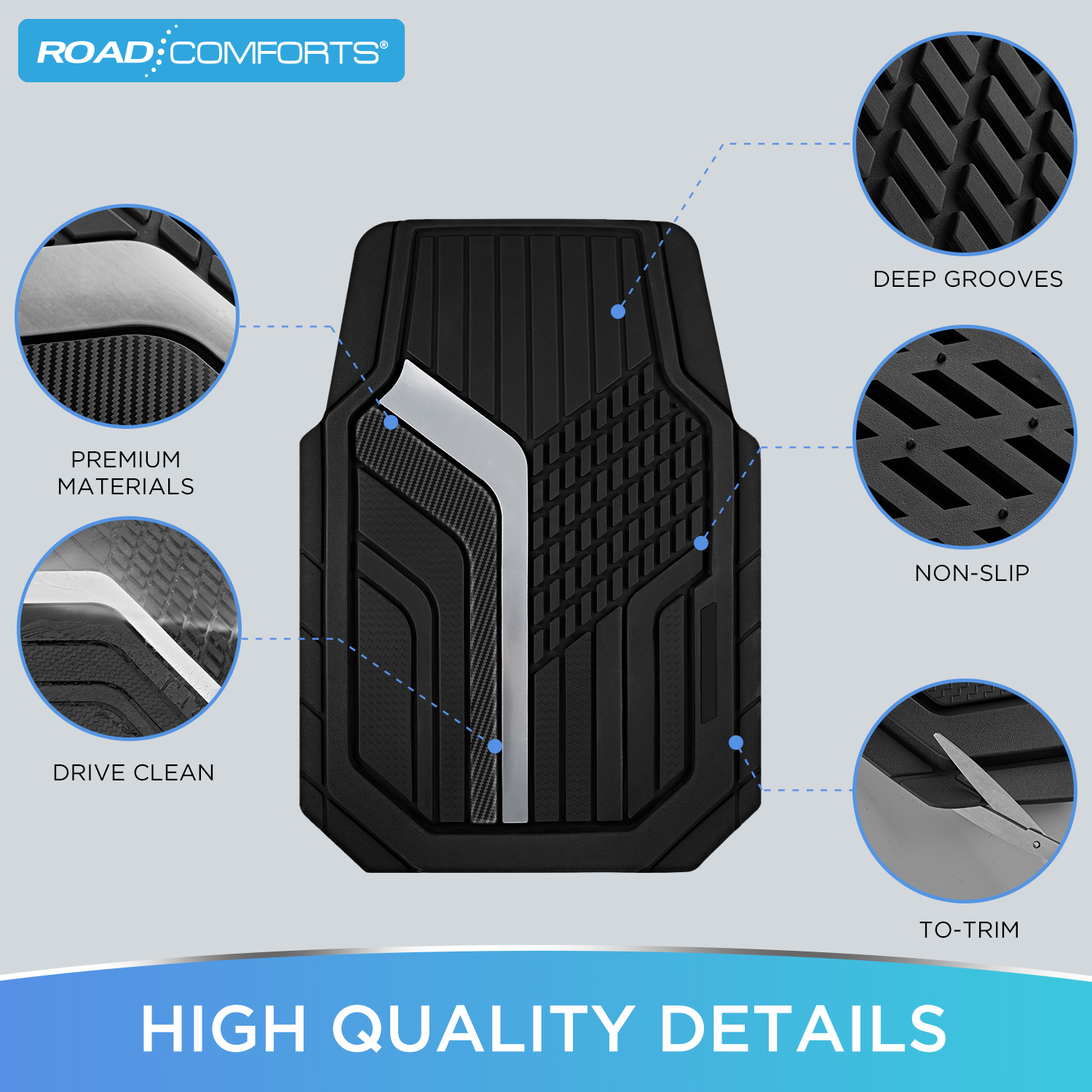 Road Comforts Car Floor Mats,Heavy-Duty Rubber Car Floor Mats,Sports Style Car Floor Mats,Non-Slip,Front,Universal Fit,Black&Sliver
