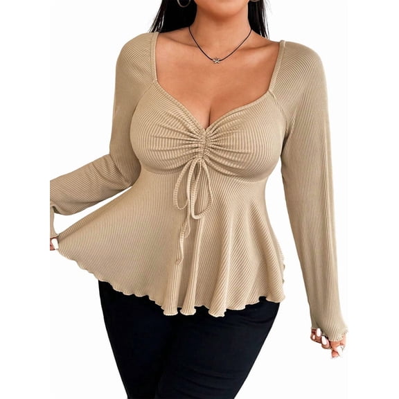 Women'S Plus Size Peplum Tops Long Sleeve T Shirts Casual Ruched Sweetheart Neck Ruffle Hem Tees Apricot XXL
