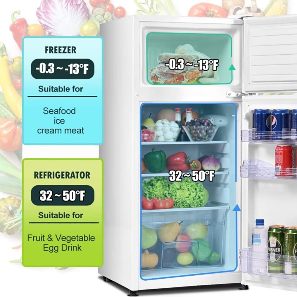 Kadyn 3.4 Cu ft Refrigerator with Adjustable Thermostat, 2 Doors Cold-rolled Sheet Compact Refrigerator with Freezer, Stainless Steel, Glass, White