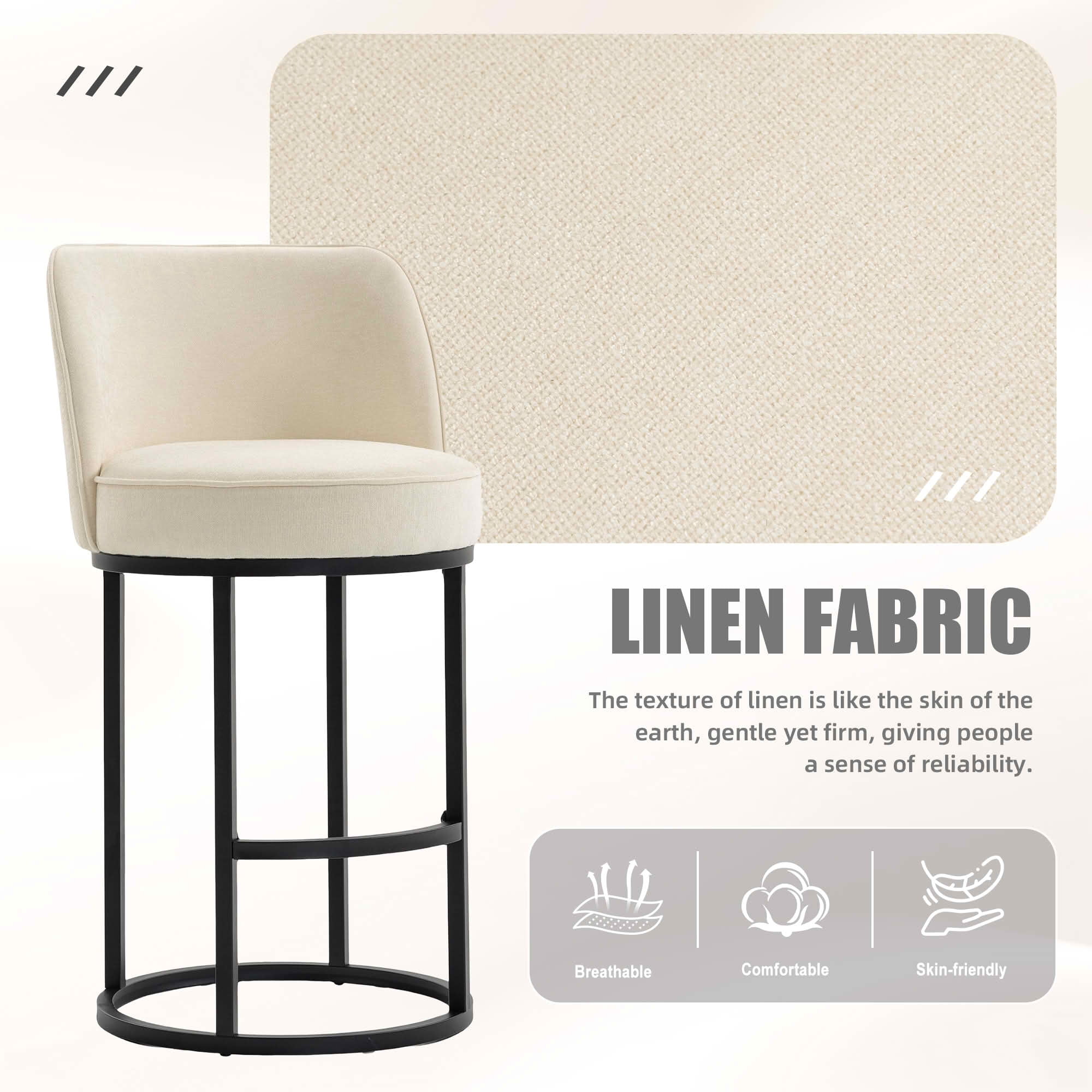 MAYEERTY Counter Height Bar Stools Set of 2, Barrel Back Linen Accent Stools with Footrest for Kitchen, Beige