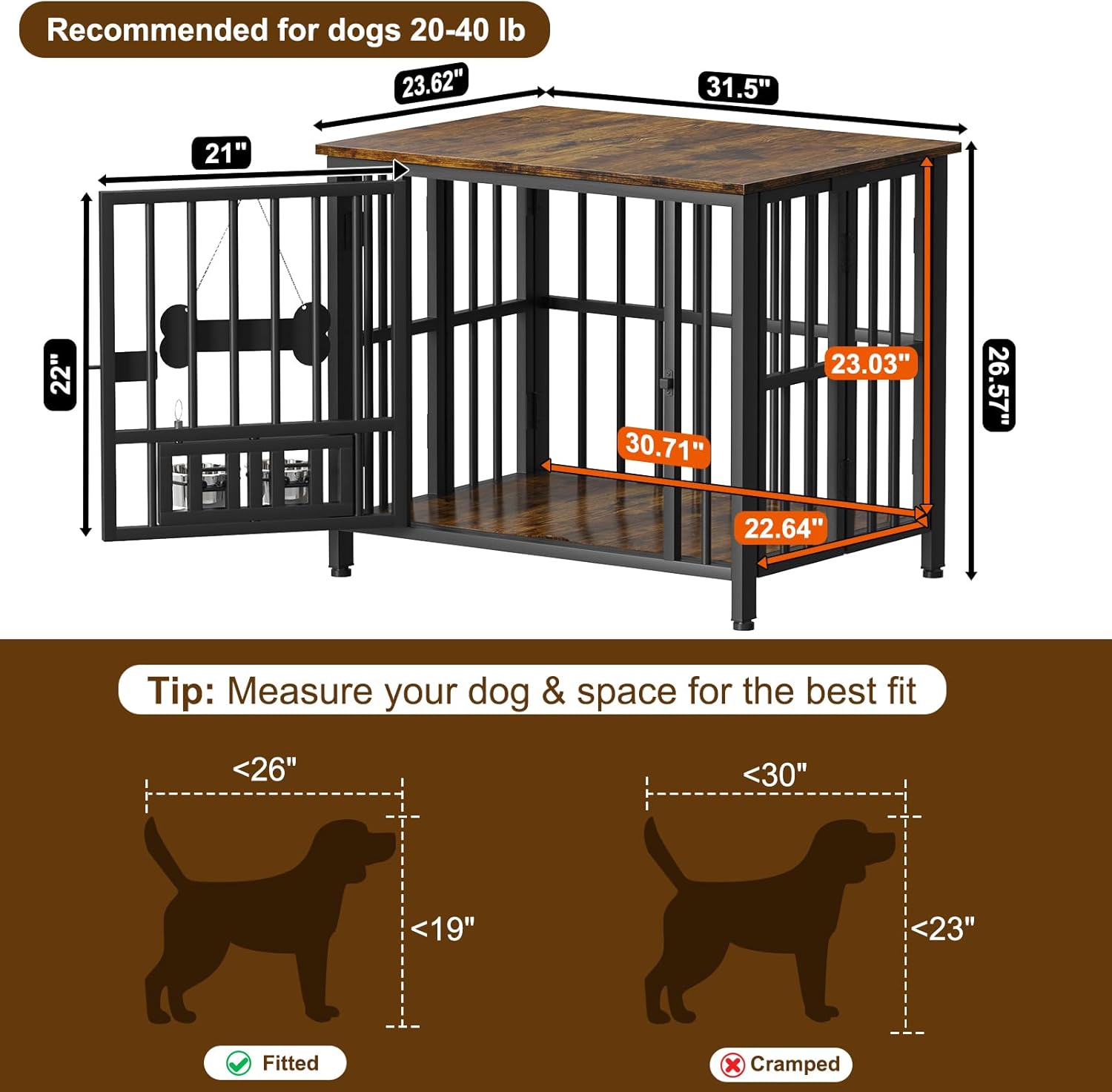 POAO 31" Dog Crate Furniture Foldable for Medium Dogs(20-40 lb), No Assembly Dog Kennel Indoor,Dog Cage with Adjustable Bowls &Name Tag,End Table