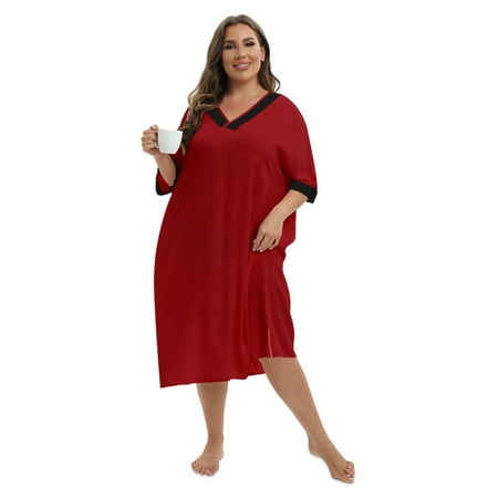 

Baywell Women Nightgowns V-neck Short Sleeve Loungewear Soft Lace Night Shirts Sleepwear Loose Plus Size Sleep Dress Red XL-5XL