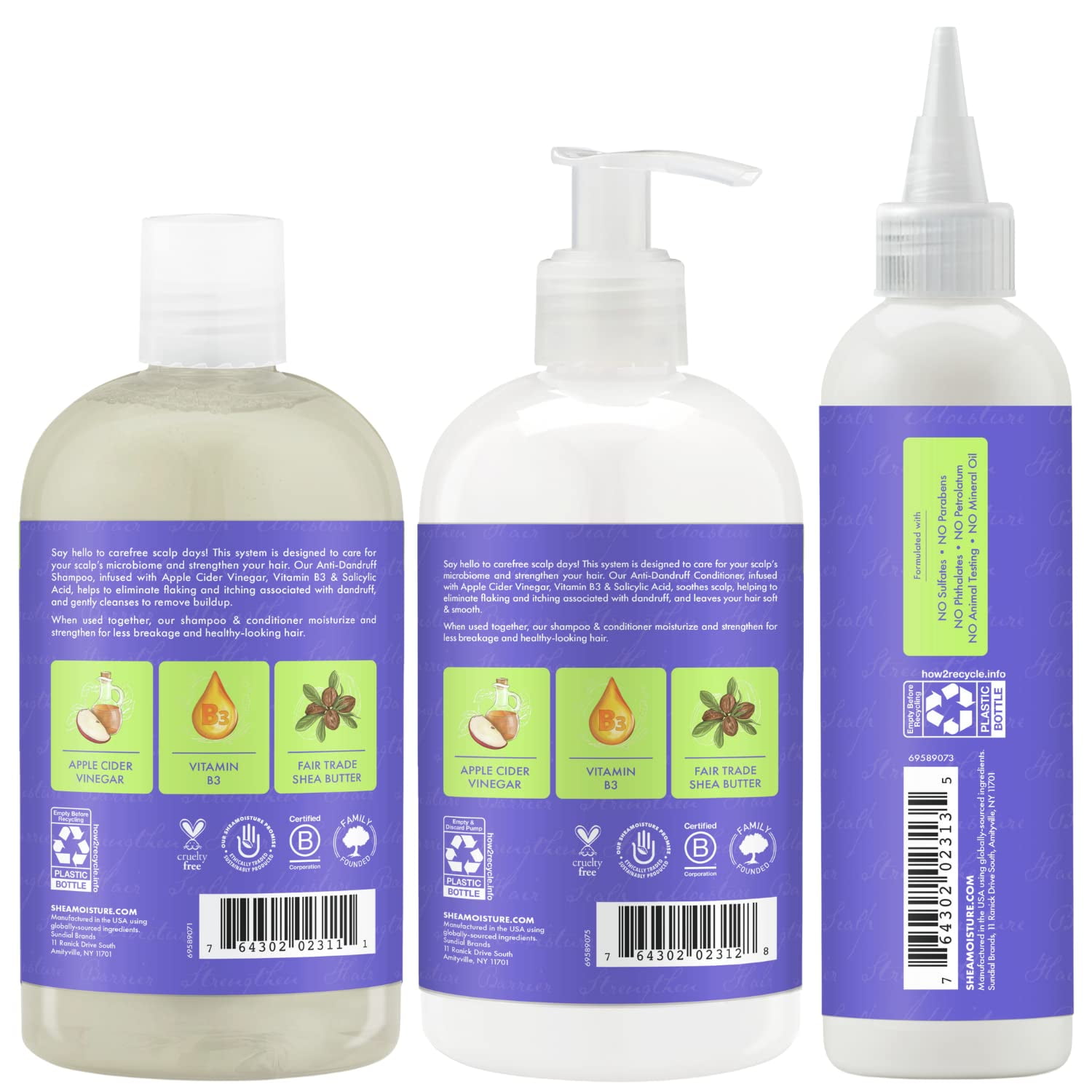 Shea Moisture Anti-Dandruff 3-Piece Bundle: Shampoo (12 Oz), Conditioner (12 Oz), and Pre-Wash (4 Oz) - Salicylic Acid & Vitamin B3 Infused!