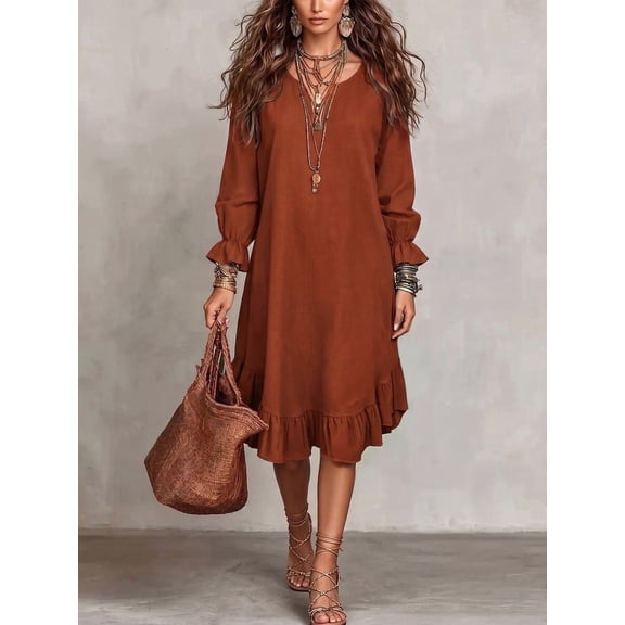 Women V Neck Long Sleeve Midi Dress Ruffle Hem Loose Fit Woven Dress for Resort Vacation Casual Daily