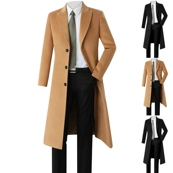 Miluxas Mens Wool Blend Coat Winter Trench Coats Notched Lapel Collar Single Breasted Overcoat Classic Peacoat Khaki 8(XL)